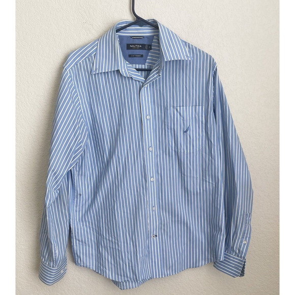 Nautica Shirt Mens Medium Blue Striped Button Up Cotton Long Sleeve Spring - Picture 1 of 10